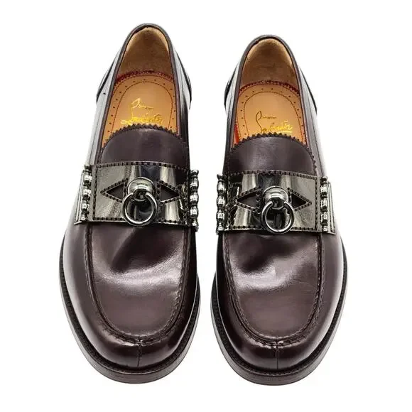 Christian Louboutin Leather Loafers with metal ornament Brown EU 40 US 7 - NWB